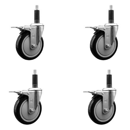 Service Caster 5'' Black Poly Swivel 1'' Expanding Stem Caster Set Total Lock Brake, 4PK SCC-EXTTL20S514-PPUB-BLK-1-4